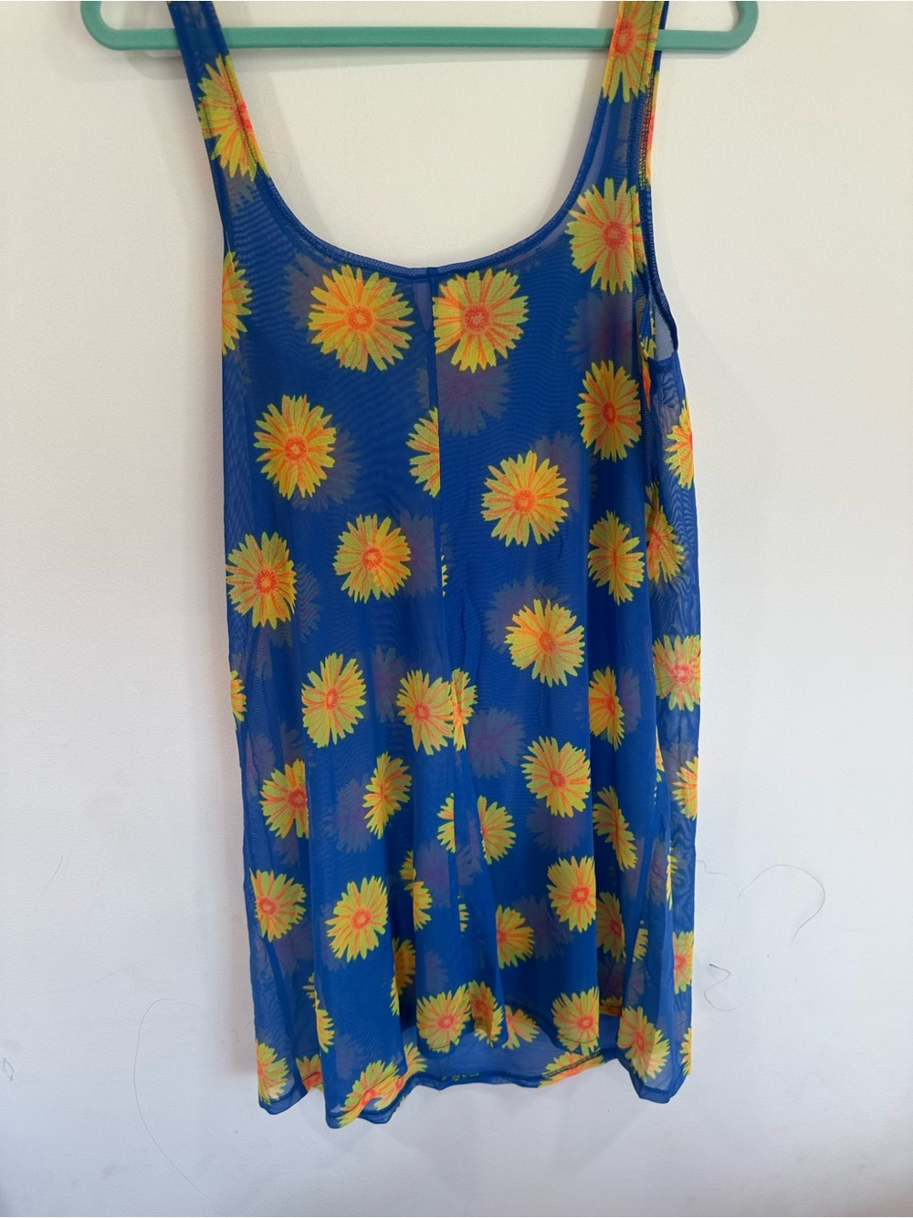 La Blanca Blue Mesh Swim CoverDress with 90s Yellow Sunflower Print